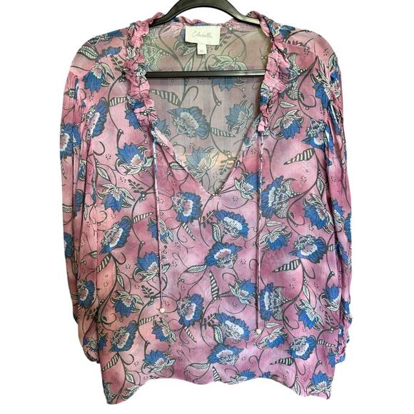 Cleobella Emily Blouse Top Lotus Print Long Sleeves Flowy Pink Blue Size XL - Picture 6 of 12